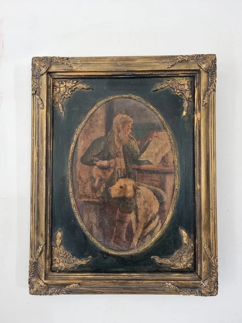 peinture ancienne huile toile Portrait Homme Et Animal Chien Antique painting