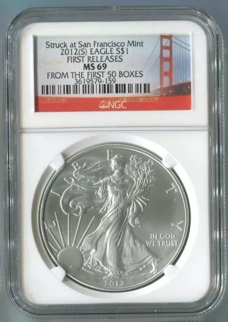 2012 S American Silver Eagle Coin Ngc Ms69 San Francisco First 50 Boxes Golden