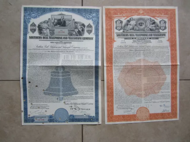 2 Old Vintage SOUTHERN BELL TELEPHONE and TELEGRAPH Co. -  BOND Certificates