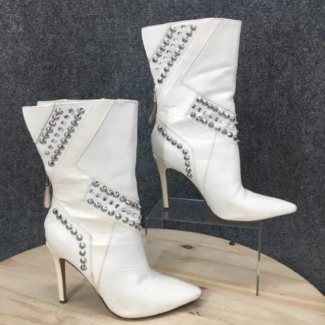 Guess Boots Womens 7.5 M Nyx Mid Calf Booties White Leather Studded Stiletto 2