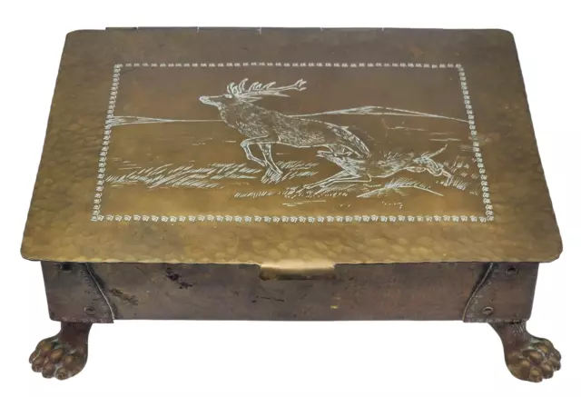 ANTIQUE Clawfooted Bronze Large Cigar Box Deer Engraving