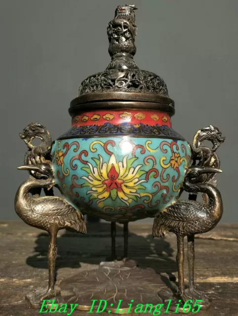 11" Qianlong Old China Cloisonne Bronze Dragon Crane Weihrauch Räuchergefäß