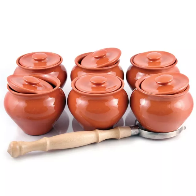 6 Baking Stewing Stoneware Ramekin Clay Cooking Pots w/Lids & Oven Fork