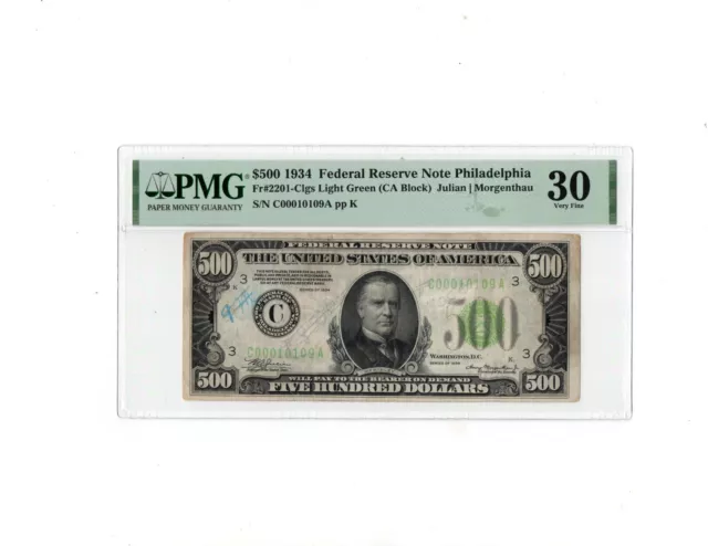 1934 500$ Federal Reserve Note Philadelphia.Fr2201-Clgs.PMG-30