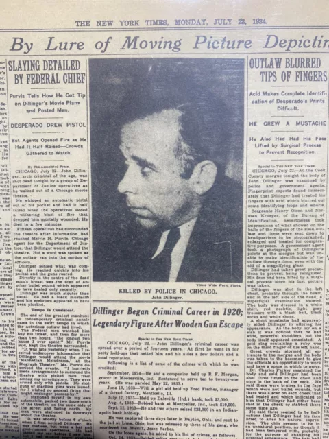 Vintage Newspaper Headline ~John Dillinger Shot Dead 1934 Chicago Movie Theatre