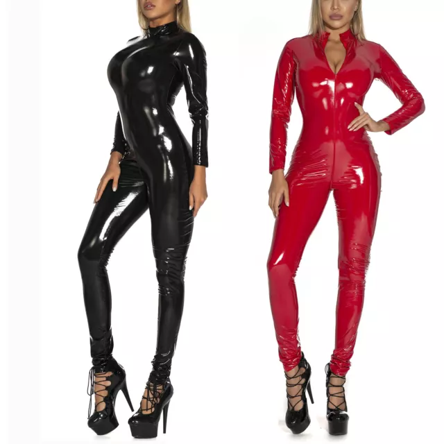 Damen Kunstleder Overall Langarm Jumpsuit Catsuit Ganzkörper Anzug mit Zipper