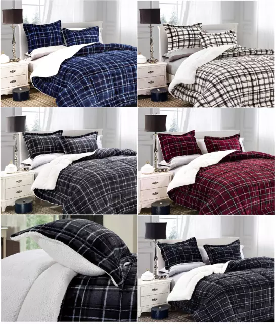 3-PC Comforter Premium™ Quality Heavy Plaid Sherpa Reversible Down Alternative