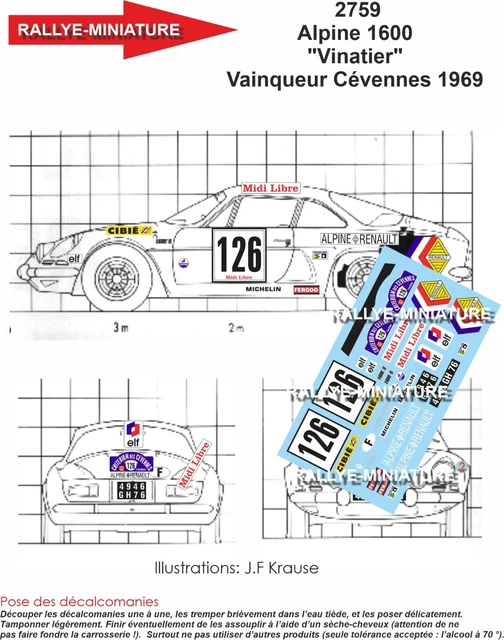 DECALS 1/12 REF 4351 ALPINE RENAULT A110 PALAYER TOUR DE FRANCE 1971 ASEPTOGYL e