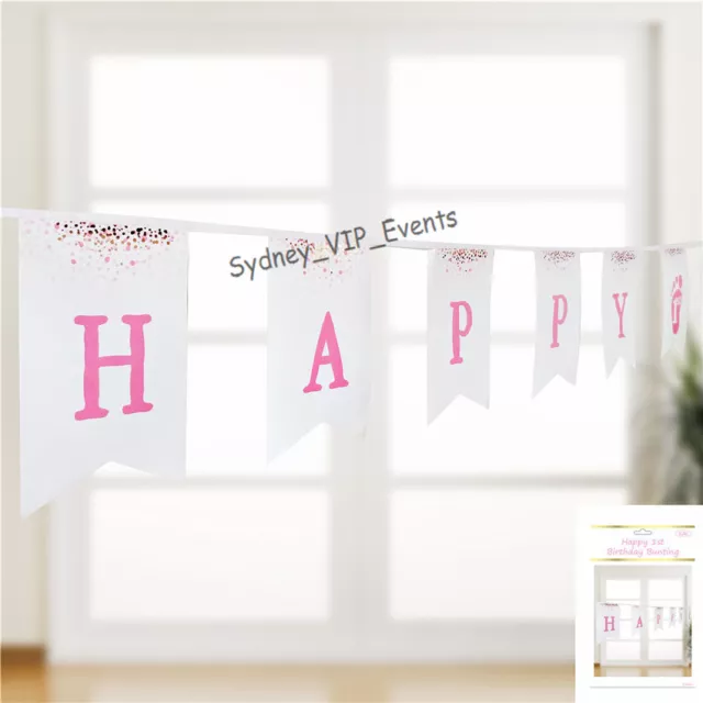 First 1St Birthday Bunting Pink Gold White Confetti  Party Girl Banner Hanging
