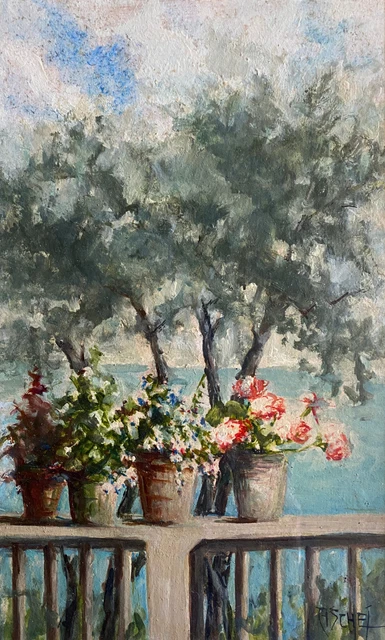 Tableau ancien HSP signé Matilde Ascher "Terrasse à Bonassola" Marine Mer Milano