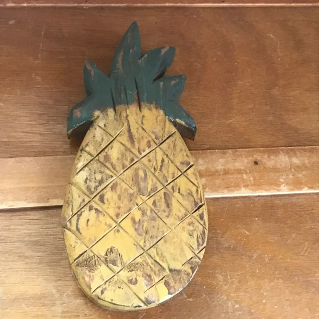 Estate Carved Thick Wood Painted Yellow & Green Pineapple Fruit Wall Plaque –