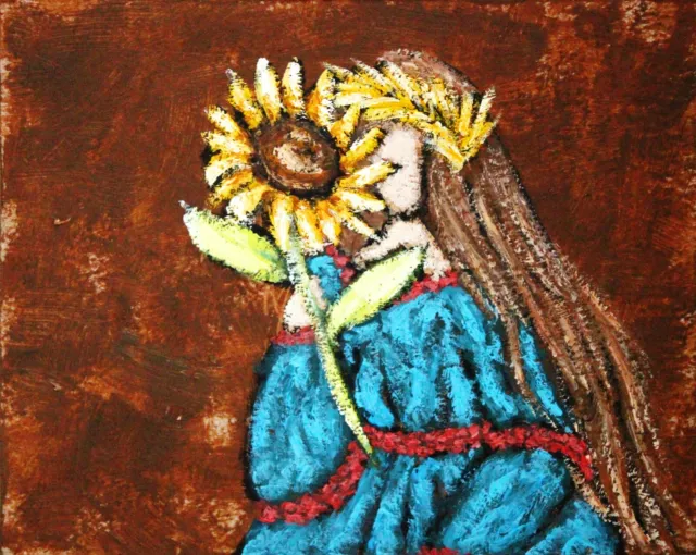 Ukrainian girl with Sunflower oil painting 8x10" Woman faceless portrait Artwork