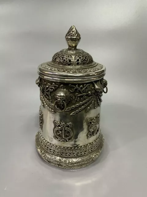 Exquisite Old Chinese tibet silver handcarved eight treasures jar pots 6059 6