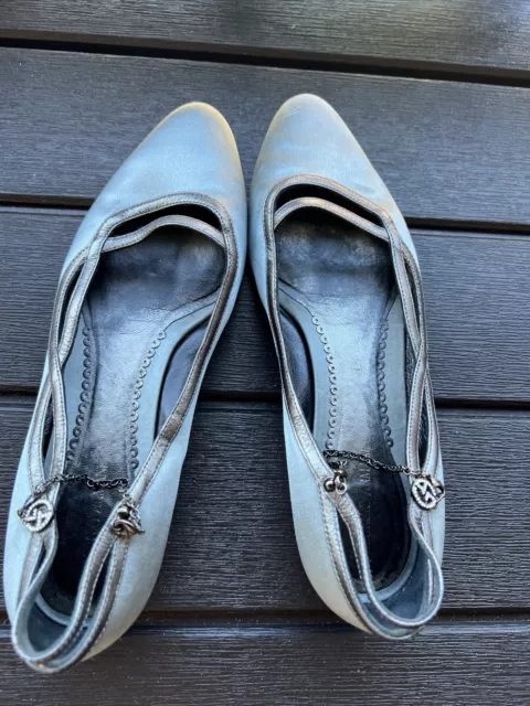 GIORGIO ARMANI Silver Satin Chain Ankle Strap Flats Size 7.