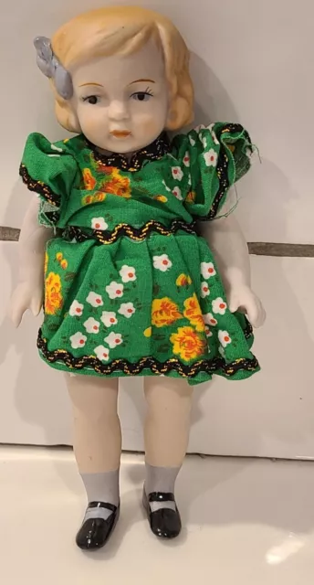 Shackman 6" German Bisque Porcelain Jointed Doll Antique Repro Vtg 1980's Green