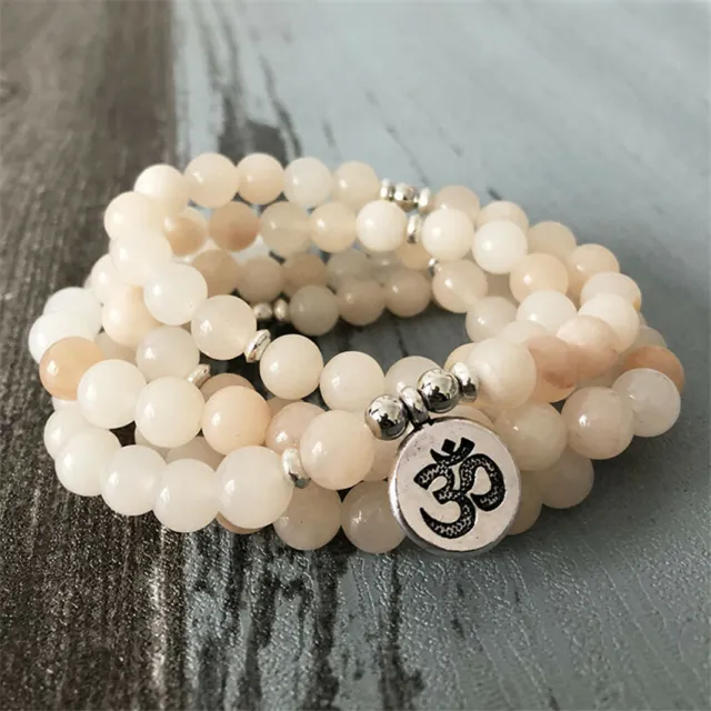 8MM 108 Pink Jade Buddha beads Lotus Pendant Bracelet pray spirituality Reiki