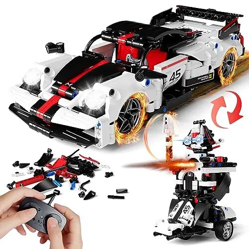 STEM Building Toys, Remote & APP Controlled 2in1 Car/Robot STEM White-black