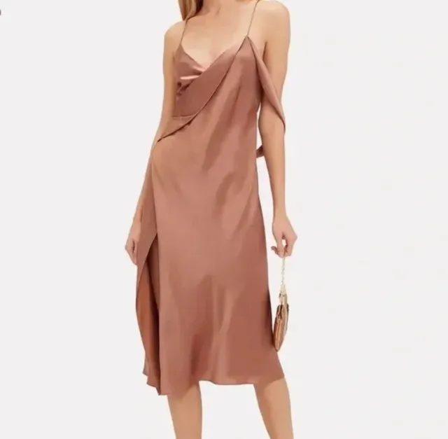 Michelle Mason Beige Silk Satin Strappy Wrap Sleeveless Midi Dress Size 2 XS