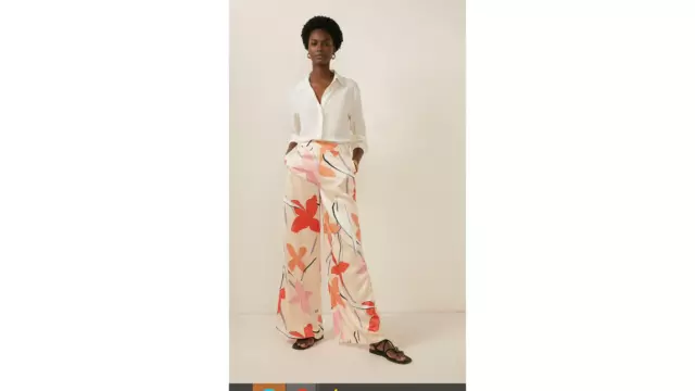High waist cream pink coral orange floral flare wide trousers Oasis 10 BNWt £55