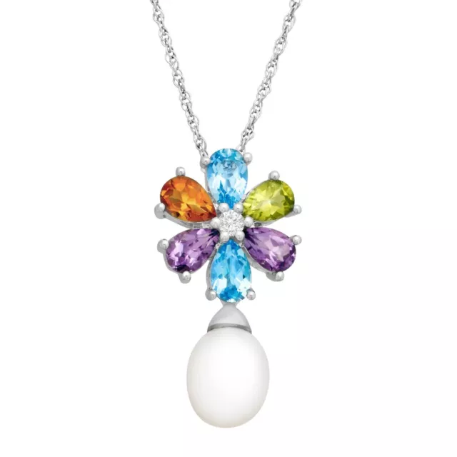 Collier pendentif goutte florale en argent sterling véritable 2,60 ct multi-pierre et perle