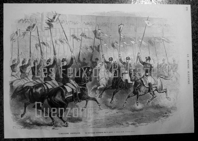 CONCOURS HIPPIQUE CARROUSEL MILITAIRE   gravure 1875 antique print