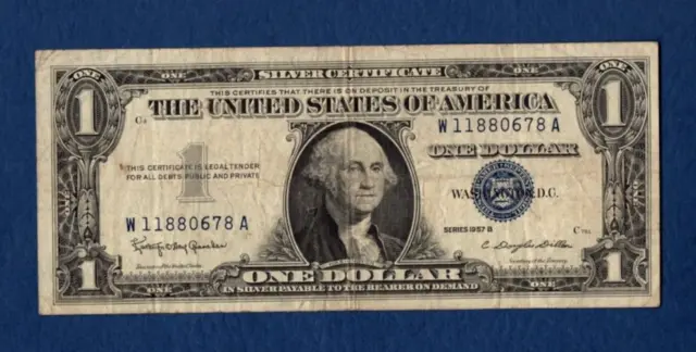 1957B Silver Certificate One Dollar Bill $1 Blue Seal Avg Circulated W11880678A