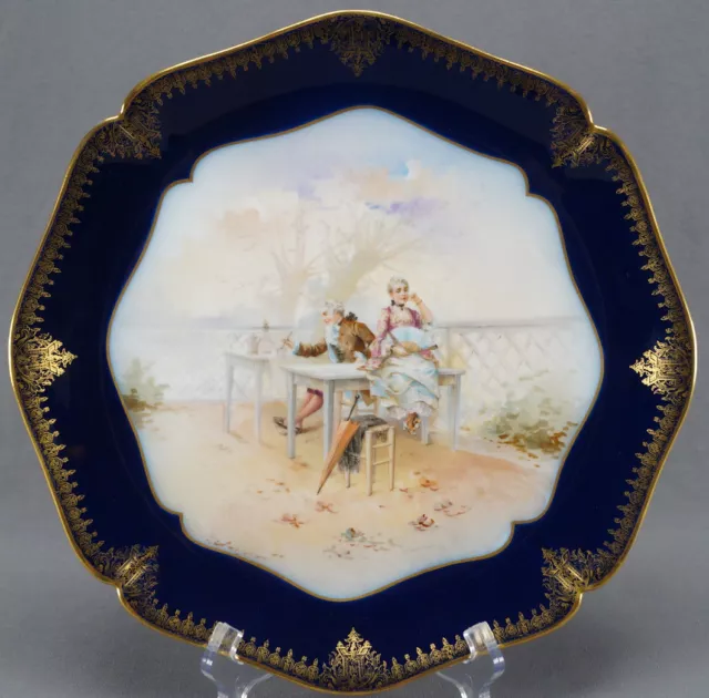 Limoges Guerin Georgian Watteau Scene Cobalt & Gold 12 1/4 Inch Charger Plate