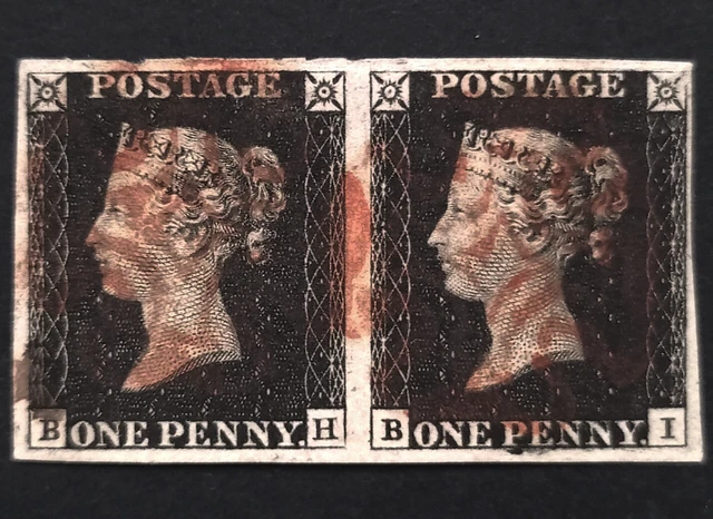 GB Queen Victoria Penny Black Pair SG.1 Pl.1b Intens. Black, Red MX 4 Margins VF