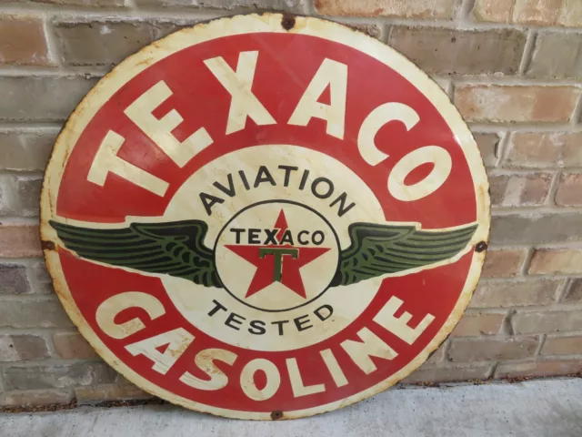 Large Vintage Heavy Porcelain Metal Sign Texaco Aviation Motor Oil Gas 30 Inches