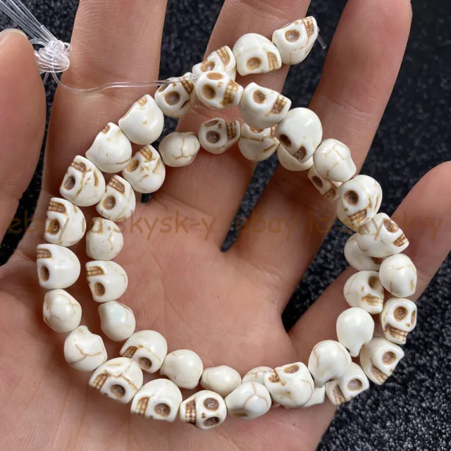 White Turquoise Howlite 10x12mm Carved Skull Head Gemstone Loose Beads 15''