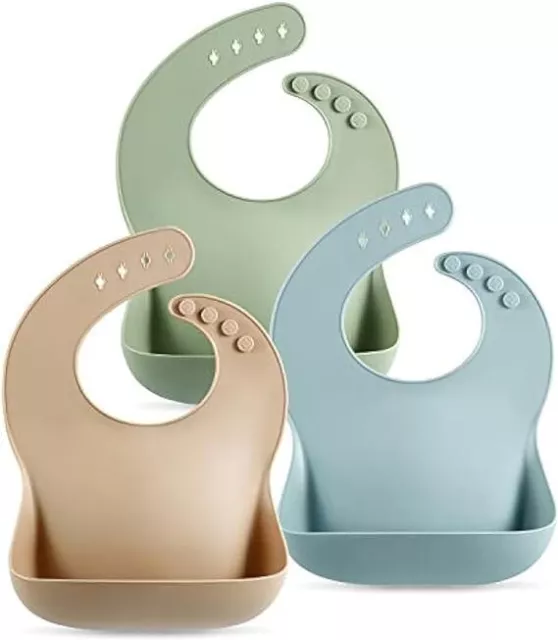 Set of 3 Silicone Baby Bibs by PandaEar - Waterproof, Soft, Unisex, 10-72 Months