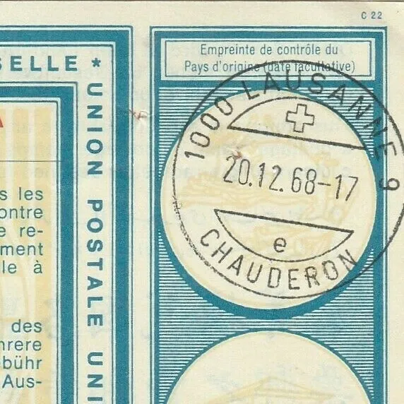 SWITZERLAND International Postal Coupon UPU Tied Cds Lausanne 1968