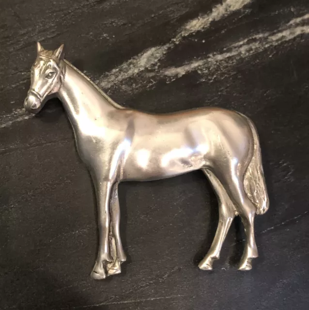 vintage HORSE Brooch Pin Pewter Tone Equine Morgan Thoroughbreds Jockey