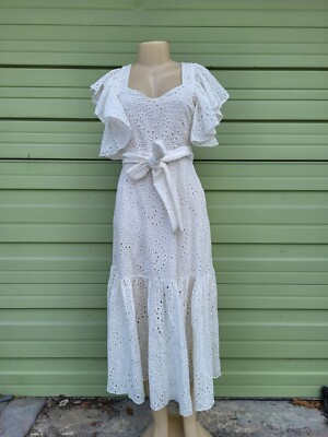 Zara Woman V-Neck Midi Dress With Cutwork Embroidery White Size Xs #B785B