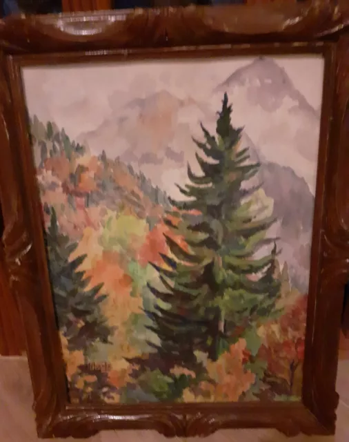 Tableau Ancien aquarelle, paysage  montagne, signée MOOTZ, Cadre