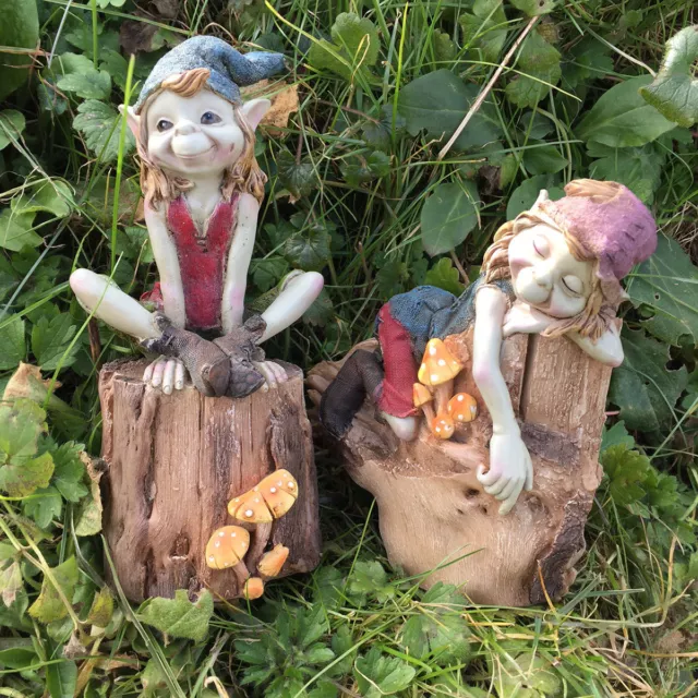 Pixies Sat on Logs Pair Garden Magic Decor Indoor Outdoor Fairy Elf Gift 39128