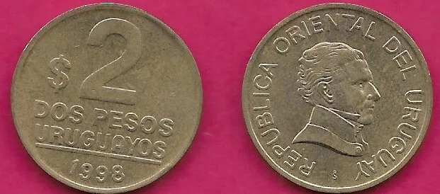 Uruguay 2 Pesos Uruguayos 1998 Xf Bust Of Jose Artigas Gervasio Right,Value And