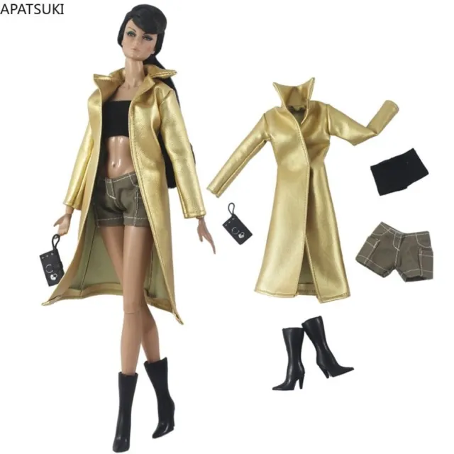 Golden Leather Clothes For Barbie Doll Jacket Trenchcoat Top Shorts Boots Purse