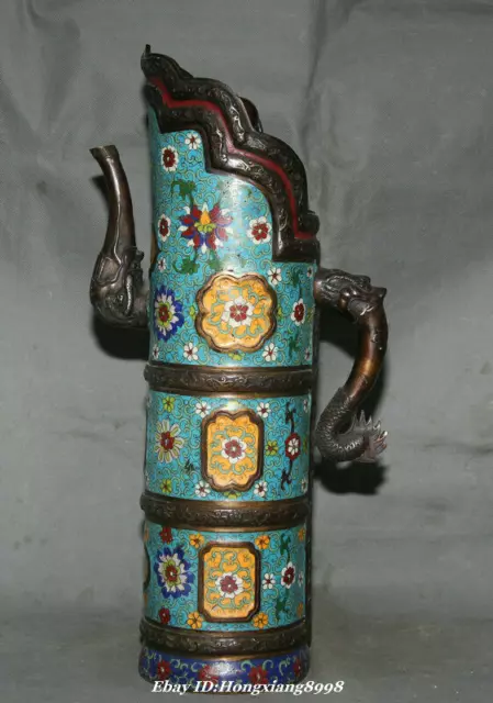 19.6"Marked Old China Bronze Cloisonne Enamel Dragon Handle Wine Tea Pot Flagon