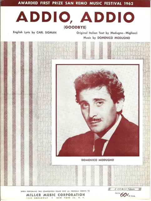 DOMENICO MODUGNO Sheet Music ADDIO, ADDIO (GOODBYE) Italian 1962 Piano Vocal