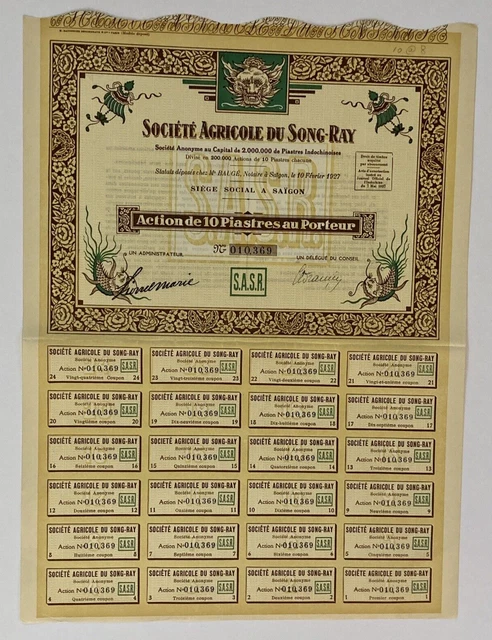 Societe Agricole Du Song Ray 1927 Stock Certificate Saigon Indochine Vietnam
