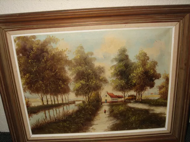 Old oil painting, { Landscape with a farm near the river, is signed } Antique! 2