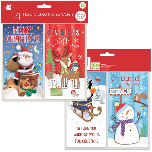 Paquet De Quatre Mignon Père Noël Argent Bon Pochettes Cadeau Cartes &