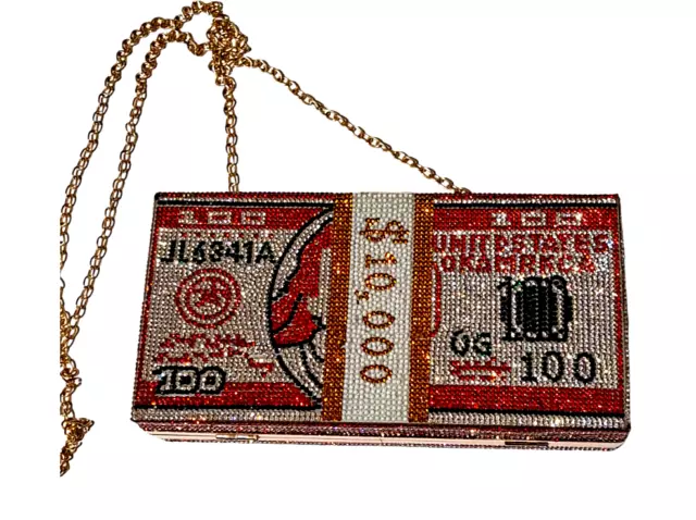Crystal 100 Dollar Bill Clutch Handbag Money Purse Crystal Embellished Red