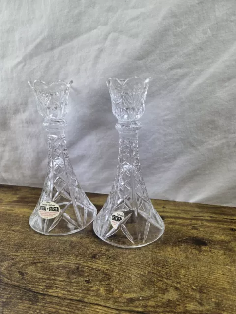 CRYSTAL CANDLE HOLDERS 2 DePlomb Lead Cut Glass Made in USA 24% Lead 8 ...