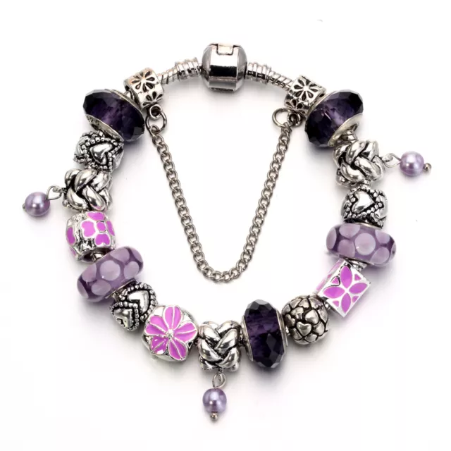 WOW NEW Silver Purple Pink Flower Enamel Murano Beads Charm European Bracelet