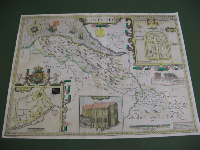 100% Original Large Flintshire Map By John Speed C1646 Vgc Hand Coloured