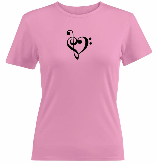 Love Music Juniors Women Teen Tee T-Shirt Printed Gift Bass Treble Clef Heart