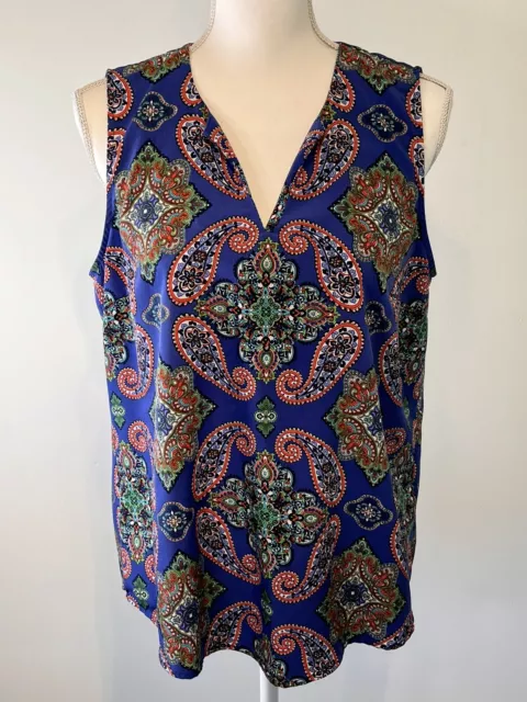 RENEE C Blue Paisley Print Blouse Top  Polyester Sleeveless Sz Large Colorful