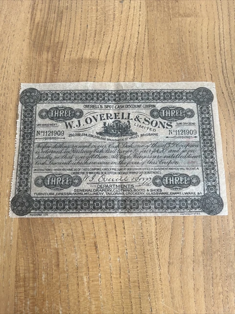 Antique Advertising W.J Overell & Sons Brisbane Australia Coupon